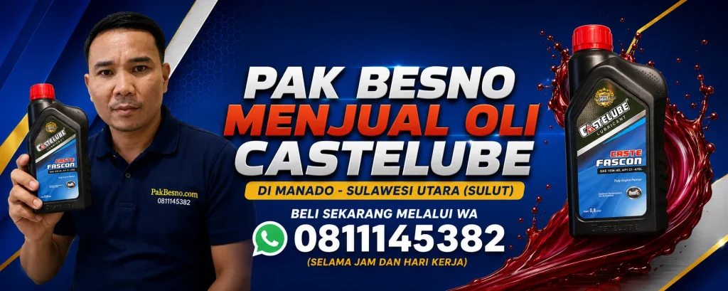Banner PakBesno.com dengan Pak Besno menjual oli Castelube di Manado, Sulawesi Utara